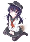  1girl akatsuki_(kantai_collection) black_hair black_legwear flat_cap hat highres kantai_collection long_hair pantyhose personification school_uniform serafuku shibata sitting skirt solo violet_eyes wariza 