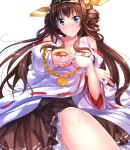  1girl ahoge bare_shoulders blue_eyes breasts brown_hair cleavage cup detached_sleeves double_bun hair_ornament hairband headgear highres japanese_clothes kantai_collection kongou_(kantai_collection) large_breasts long_hair personification ribbon-trimmed_sleeves skirt smile solo swordsouls tea teacup 