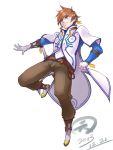  1boy 2013 belt boots brown_hair buckle dated earrings fingerless_gloves gloves green_eyes highres jacket jewelry male pants shiroh46 shirt slay_(tales) smile solo tales_of_(series) tales_of_zestiria white_background 
