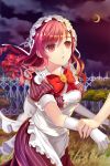  agrt apron arm_grab bow crescent crescent_moon dress fence grabbing long_hair maid maid_headdress moon night night_sky open_mouth redhead ribbon sky solo_focus sword_girls vernika_answer wrist_grab 