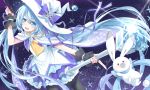  1girl blue_eyes blue_hair fingerless_gloves gloves hat hatsune_miku long_hair magical_girl open_mouth pantyhose rabbit skirt snowflakes solo transistor twintails very_long_hair vocaloid wand witch_hat yuki_miku 