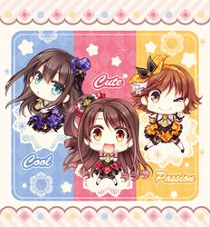  3girls brown_eyes brown_hair chibi green_eyes gunp hairband hat honda_mio idolmaster idolmaster_cinderella_girls jewelry long_hair multiple_girls open_mouth shibuya_rin shimamura_uzuki short_hair side_ponytail smile striped wink 