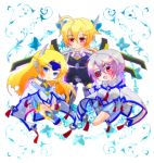  3girls ahoge blazblue blonde_hair blue_eyes bodysuit cape eyepatch lambda-11 mecha_musume mu-12 multiple_girls nu-13 red_eyes silver_hair 