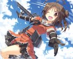  1girl antenna_hair brown_eyes brown_hair clouds double_bun gloves kantai_collection lens_flare looking_at_viewer machinery naka_(kantai_collection) ocean open_mouth personification satou_kibi sea_spray sky solo turret water wink 