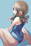  1girl brown_hair ddd_(oid065j125bwz) goggles goggles_around_neck green_eyes original school_swimsuit short_hair solo swimsuit 