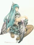  1girl blue_hair femme_fatale long_hair looking_back low_wings no_shoes seisen_cerberus solo t.matsui thighhighs wings 