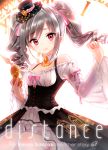  1girl blush cover cover_page doujin_cover dress drill_hair idolmaster idolmaster_cinderella_girls kanzaki_ranko looking_at_viewer red_eyes silver_hair sitting smile solo tsukigami_runa twin_drills twintails 