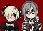  2girls ayame_(artist) blonde_hair costume_switch earrings frown glasses gothic_lolita grey_hair hair_bow hat idolmaster idolmaster_cinderella_girls jewelry kanzaki_ranko lolita_fashion long_hair multiple_girls necklace red_background red_eyes ribbon shirasaka_koume short_hair twintails 