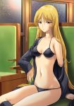  1girl bikini blonde_hair brown_eyes ginga_tetsudou_999 jiyuuyuu long_hair maetel sitting solo swimsuit 