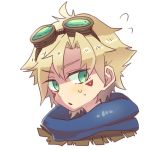  1boy blonde_hair ezreal goggles goggles_on_head green_eyes league_of_legends lowres scarf shimatta solo sweatdrop tattoo triangle_mouth 