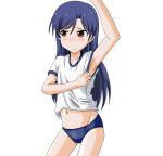  1girl arm_up armpits blue_hair blush brown_eyes buruma gym_uniform highres idolmaster kisaragi_chihaya long_hair navel simple_background solo takumi_(rozen_garten) white_background 