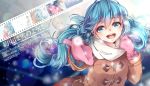  1girl aqua_eyes aqua_hair artist_name coat copyright_name hatsune_miku long_hair looking_at_viewer mittens nou open_mouth outstretched_arm scarf solo vocaloid winter_clothes 