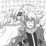  1boy 1girl ahoge blazblue cape eyepatch kitchen_knife knife lowres menihanio nu-13 ragna_the_bloodedge yandere you_gonna_get_raped 