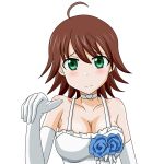  1girl ahoge blue_rose blush breasts brown_hair bust choker elbow_gloves flower gloves green_eyes highres idolmaster large_breasts looking_at_viewer rose short_hair simple_background smile solo takumi_(rozen_garten) white_background white_gloves 