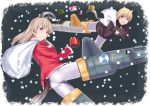  2girls animal_ears bag bell blonde_hair blue_eyes eila_ilmatar_juutilainen fox_ears fox_tail gift gloves grin highres looking_at_viewer multiple_girls nikka_edvardine_katajainen open_mouth pantyhose santa_costume smile snowing strike_witches striker_unit tail takenaka_koudai tonttu violet_eyes weasel_ears weasel_tail 