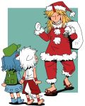  animal_ears backpack bag between_legs blue_hair child closed_eyes ears_down geta grin hair_bobbles hair_ornament hat horn hoshiguma_yuugi inubashiri_momiji kawashiro_nitori mittens oni onikobe_rin over_shoulder pointy_ears santa_costume santa_hat sash shirt silver_hair skirt sleeveless sleeveless_shirt smile tail tail_between_legs touhou twintails wolf_ears wolf_tail younger 