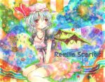  1girl alternate_costume bat_wings blue_hair blush character_name dated dress emo_(mikan) hand_on_lap jewelry looking_away mob_cap multicolored_background necklace open_clothes open_jacket parted_lips red_eyes remilia_scarlet ribbon short_hair sitting solo touhou traditional_media wariza watercolor_(medium) wings 