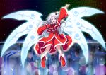  &lt;o&gt;_&lt;o&gt; 1girl arm_up boots capelet grey_eyes hair_bobbles hair_ornament highres honeycomb_background layered_dress light_particles long_hair long_sleeves looking_at_viewer open_mouth outstretched_arms ribbon sachishiro_pengin shinki side_ponytail silver_hair solo touhou touhou_(pc-98) wings 