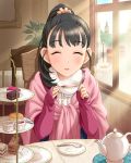  1girl black_hair bus cafe cake car chair closed_eyes cup double-decker_bus elizabeth_tower food fukuyama_mai hair_ornament idolmaster idolmaster_cinderella_girls indoors jam jpeg_artifacts lamppost london looking_at_viewer motor_vehicle official_art ponytail pov_across_table saucer scone scrunchie shawl sitting smile solo table tea tea_set tea_stand teacup teapot tiered_tray vehicle window winter_clothes 