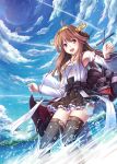  1girl ahoge akashio_(loli_ace) bare_shoulders boots brown_hair detached_sleeves double_bun hair_ornament hairband headgear japanese_clothes kantai_collection kongou_(kantai_collection) long_hair nontraditional_miko open_mouth personification ribbon-trimmed_sleeves sky solo thigh_boots thighhighs violet_eyes water 