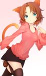  1girl animal_ears blue_eyes brown_hair cat_ears cat_tail original shoes short_hair skirt smile solo standing_on_one_leg sweater tail thighhighs zettai_ryouiki zizi_(zz22) 