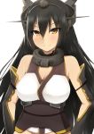  1girl armor_pillow armpits black_hair breasts cleavage collar headgear highres kantai_collection long_hair looking_at_viewer nagato_(kantai_collection) personification red_eyes smile solo 