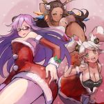  +_+ 3girls blush breasts brown_hair christmas cleavage dark_skin detached_sleeves dress fantasista_doll glasses gloves green_eyes hair_ornament hand_on_ass highres long_hair madeleine_(fantasista_doll) mazon multiple_girls navel nyama ponpon_(fantasista_doll) purple_hair red_gloves reindeer_antlers rough santa_costume silver_hair v violet_eyes yellow_eyes 