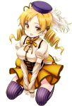  1girl beret blonde_hair blush drill_hair hair_ornament hat mahou_shoujo_madoka_magica seiza sitting skirt smile solo striped striped_legwear thighhighs tomoe_mami twin_drills v_arms vertical-striped_legwear vertical_stripes yellow_eyes zettai_ryouiki zizi_(zz22) 