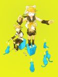  ! 1boy 1girl ? amplifier animal animal_ears belt blonde_hair blue_eyes cat cat_ears cat_teaser closed_eyes detached_sleeves glider_(artist) green_background hair_ornament hairclip kagamine_len kagamine_rin leg_warmers neck_ribbon necktie ponytail ribbon sailor_collar short_hair shorts simple_background sitting standing_on_object sweatdrop tattoo vocaloid yellow_background 