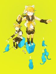  ! 1boy 1girl ? amplifier animal animal_ears belt blonde_hair blue_eyes cat cat_ears cat_teaser closed_eyes detached_sleeves glider_(artist) green_background hair_ornament hairclip kagamine_len kagamine_rin leg_warmers neck_ribbon necktie ponytail ribbon sailor_collar short_hair shorts simple_background sitting standing_on_object sweatdrop tattoo vocaloid yellow_background 