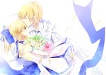  1girl absurdres ahoge bare_shoulders blonde_hair blush bouquet dress elbow_gloves fate/stay_night fate/unlimited_codes fate_(series) flower forehead_kiss gloves green_eyes highres kiss long_hair ponytail saber saber_lily white_dress xiaoya 