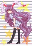  1girl absurdly_long_hair alternate_costume animal_ears bebitera black_legwear bloomers floral_print hand_on_own_thigh highres hooded_top leaning_forward long_hair looking_at_viewer looking_over_shoulder no_shoes over-kneehighs parted_lips purple_hair rabbit_ears red_eyes reisen_udongein_inaba solo star striped striped_background striped_pajamas thighhighs touhou underwear very_long_hair 