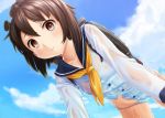  1girl blush brown_eyes brown_hair gogo_shichi-ji kantai_collection panties personification sailor_dress school_uniform serafuku short_hair sky solo torn_clothes underwear wet wet_clothes white_panties yukikaze_(kantai_collection) 