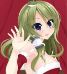  1girl bare_shoulders blue_eyes blush breasts bust chimunge detached_sleeves frog_hair_ornament green_hair hair_ornament hair_tubes kochiya_sanae looking_at_viewer open_mouth smile snake_hair_ornament solo touhou 