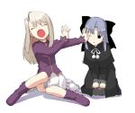  2girls blonde_hair boots closed_eyes company_connection crossover dress fate/hollow_ataraxia fate/stay_night fate_(series) grey_hair illyasviel_von_einzbern len melty_blood multiple_girls open_mouth pointy_ears pushing ribbon shadow sitting skirt takenashi_eri tsukihime type-moon wink 