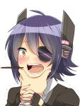  1girl admiral_(kantai_collection) blush_stickers commentary_request eyepatch gloves hand_on_another&#039;s_face headgear highres kantai_collection ochazuke open_mouth personification pocky purple_hair short_hair solo_focus tenryuu_(kantai_collection) yellow_eyes 