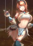  1girl armor blue_eyes breasts brown_hair cao_xiong fur_trim gauntlets highres kirin_(armor) monster_hunter open_mouth short_hair smile solo thighhighs underboob wink 