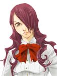  1girl bangs bowtie brown_eyes bust dress_shirt hair_over_one_eye kirijou_mitsuru long_hair mico3 parted_bangs parted_lips persona persona_3 purple_hair shirt solo striped striped_shirt vertical_stripes wavy_hair white_background 