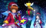  2girls ahoge blush brown_hair cardcaptor_sakura daidouji_tomoyo dress gift green_eyes hat highres hoshi_no_tsue kero kinomoto_sakura magical_girl merry_christmas multiple_girls mutsuki_(moonknives) night santa_costume santa_hat short_hair smile star wand 