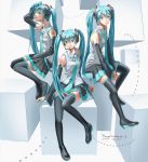  1girl aqua_eyes aqua_hair detached_sleeves hand_on_headphones hatsune_miku headphones headset highres long_hair looking_at_viewer multiple_persona robot_(santouhei) sitting skirt smile solo thighhighs twintails very_long_hair vocaloid zettai_ryouiki 