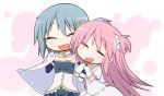  2girls arm_hug armband blue_hair bow cape chibi choker closed_eyes gloves goddess_madoka hair_bow hair_ornament hairclip kaname_madoka ladfa long_hair magical_girl mahou_shoujo_madoka_magica miki_sayaka multiple_girls open_mouth pink_hair short_hair smile spoilers two_side_up 