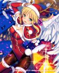  1girl :d angel_wings blonde_hair blush boots box breasts christmas cleavage fate/stay_night fate_(series) feathers fur_trim gift gift_box green_eyes hat leotard lord_of_knights open_mouth pantyhose reindeer_antlers saber santa_costume santa_hat smile solo thigh_boots thighhighs wings yangsion 