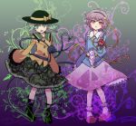  2girls ankle_socks aqua_hair blouse boots floral_background floral_print gradient gradient_background green_eyes hands_in_sleeves hat hat_ribbon head_tilt headband heart heart_of_string komeiji_koishi komeiji_satori looking_at_viewer mecco multiple_girls parted_lips petticoat pink_hair red_eyes ribbon short_hair siblings sisters skirt slippers third_eye touhou 