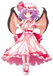  1girl alphes_(style) bat_wings dairi dress hat parody purple_hair red_eyes remilia_scarlet short_hair simple_background smile solo style_parody touhou transparent_background wings wrist_cuffs 