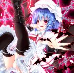  1girl bat bat_wings black_legwear blue_hair boots bow chain elbow_rest fangs ginzake_(mizuumi) hat hat_bow open_hand red_eyes remilia_scarlet solo thighhighs touhou wings 