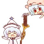  2girls ^_^ ^o^ artist_request blue_hair buck_teeth chibi closed_eyes fang food hat holding instrument merlin_prismriver multiple_girls nattou open_mouth pouring red_eyes remilia_scarlet short_hair simple_background smile touhou trumpet white_background white_hair 