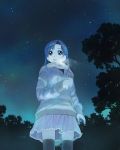  1girl blue blue_eyes blue_hair breath from_below ikeda_jun_(mizutamari) night night_sky original scarf skirt sky solo thigh-highs tree zettai_ryouiki 
