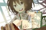  1girl ^_^ ^o^ blurry book bookmark branch brown_eyes brown_hair closed_eyes depth_of_field holding holding_book necktie open_mouth photo_(object) sandwich short_hair solo teeth tokoroten_(hmmuk) touhou tree usami_renko window 