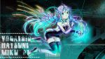  1girl aqua_hair boots bridal_gauntlets character_name copyright_name green_eyes hatsune_miku highres long_hair mariwai_(marireroy) solo thigh_boots thighhighs twintails very_long_hair vocaloid 