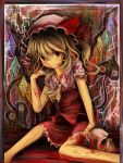  1girl ascot blonde_hair blood blood_on_face bloody_clothes bloody_hair bloody_hands border flandre_scarlet hat hat_ribbon highres laevatein looking_at_viewer mob_cap momen102_(sji09u) multicolored_background puffy_short_sleeves puffy_sleeves red_eyes ribbon short_hair short_sleeves sitting skirt skirt_set skull smile solo touhou wings 